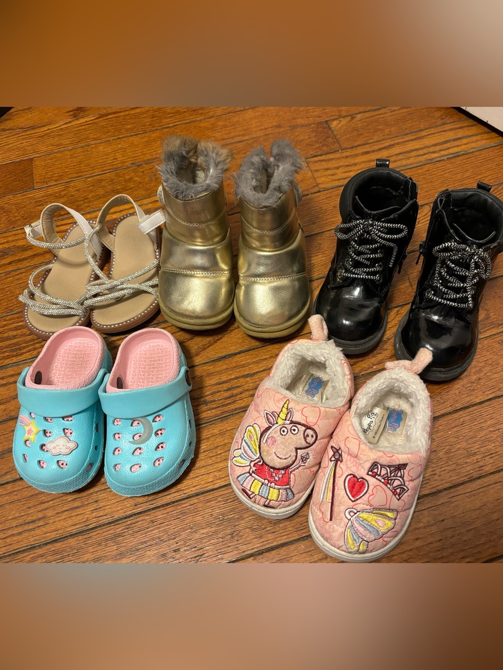 Size 5c & 6 baby girls bundle sandals, slippers, leather fur gold boots,combat